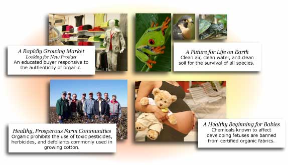 The benefits of organic include a rapidly growing market, a future for life on earth, healthy, proserous farm communities, and a healthy beginning for babies.